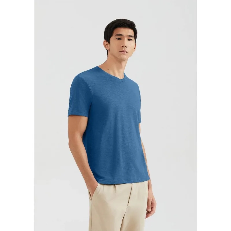 Camiseta Básica Masculina Slim Gola V Em Malha Flamê - Azul G