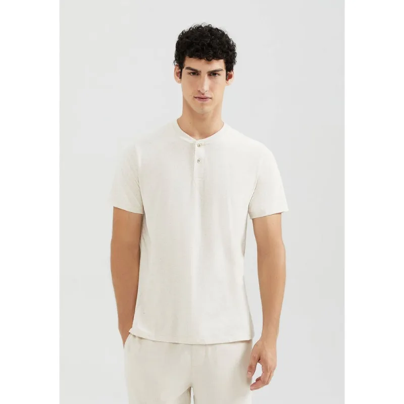 Camiseta Henley Masculina Manga Curta Com Linho - Off white M