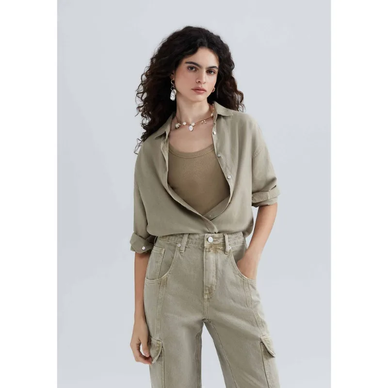 Camisa Feminina Manga Longa Oversized Em Linho - Caqui XP