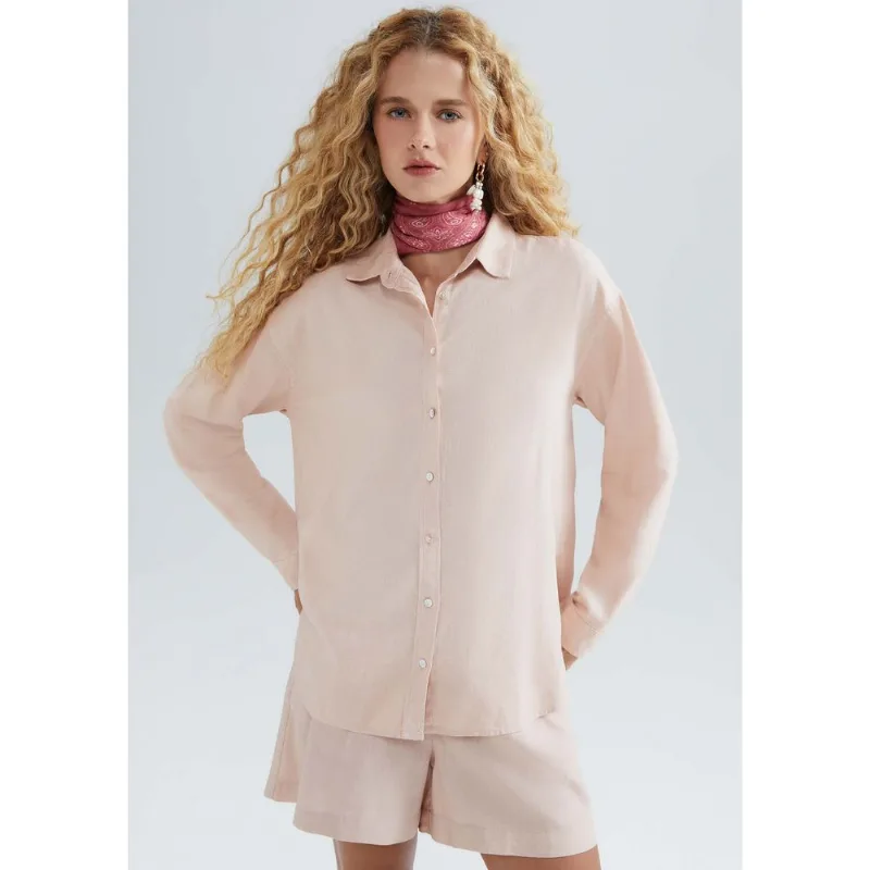 Camisa Feminina Manga Longa Oversized Em Linho - Nude XXG
