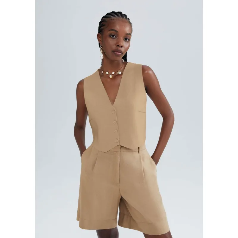 Colete Cropped Feminino Em Tricô Leve - Bege P
