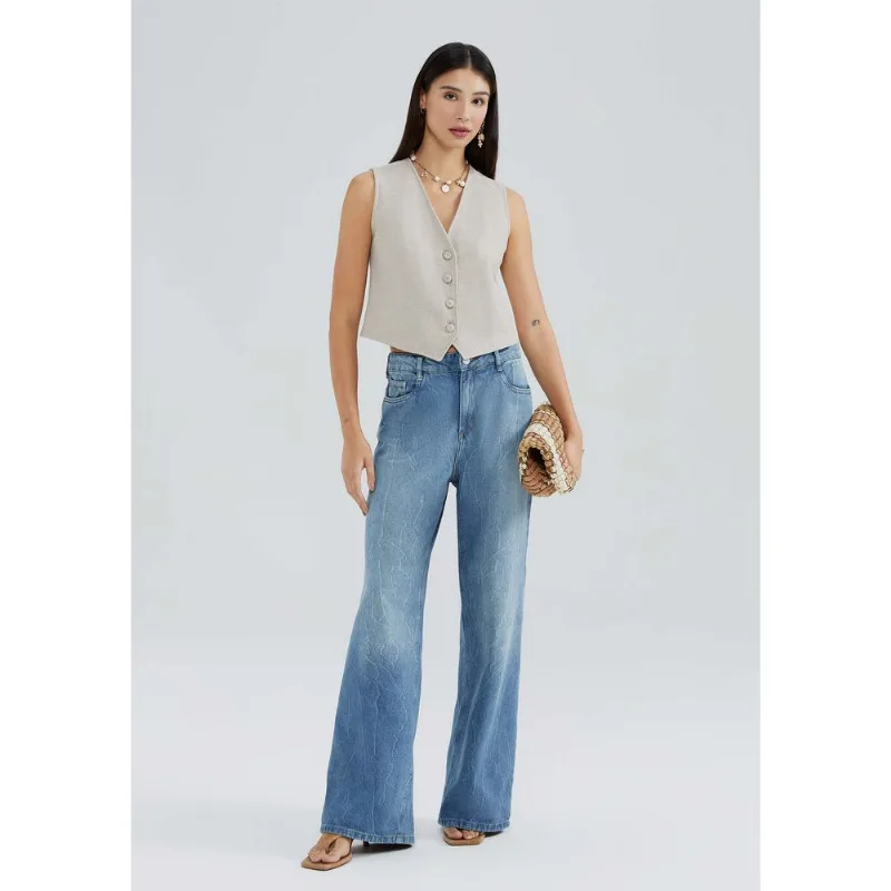 Calça Jeans Feminina Wide Leg Cintura Média - Azul 044