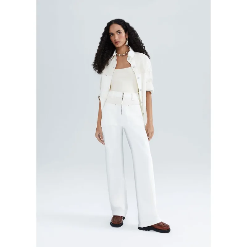 Calça Feminina Reta Cintura Média Em Sarja Bicolor - Off white 044