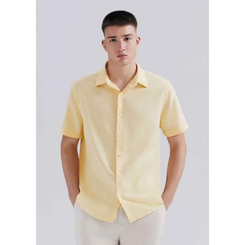 Camisa Masculina Manga Curta Slim Com Linho - Amarelo G