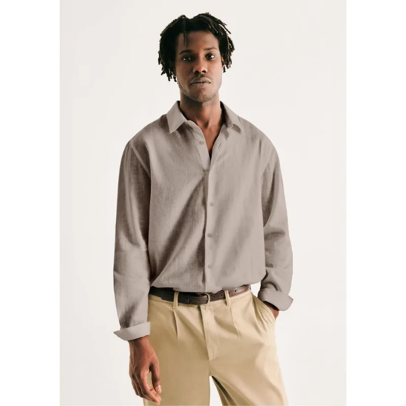 Camisa Masculina Manga Longa Slim Com Linho - Bege M
