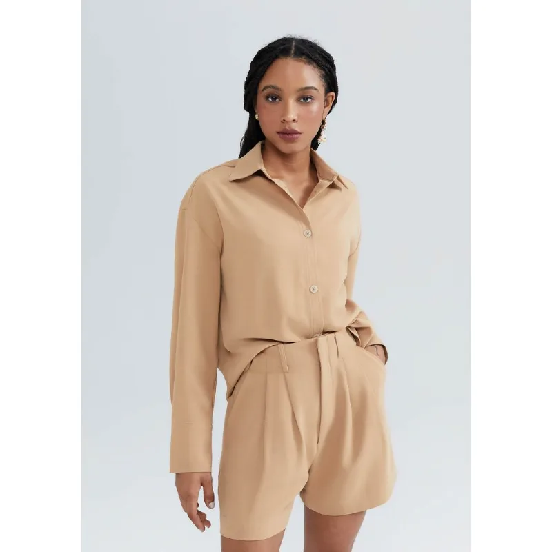 Camisa Feminina Manga Longa Em Crepe - Bege P