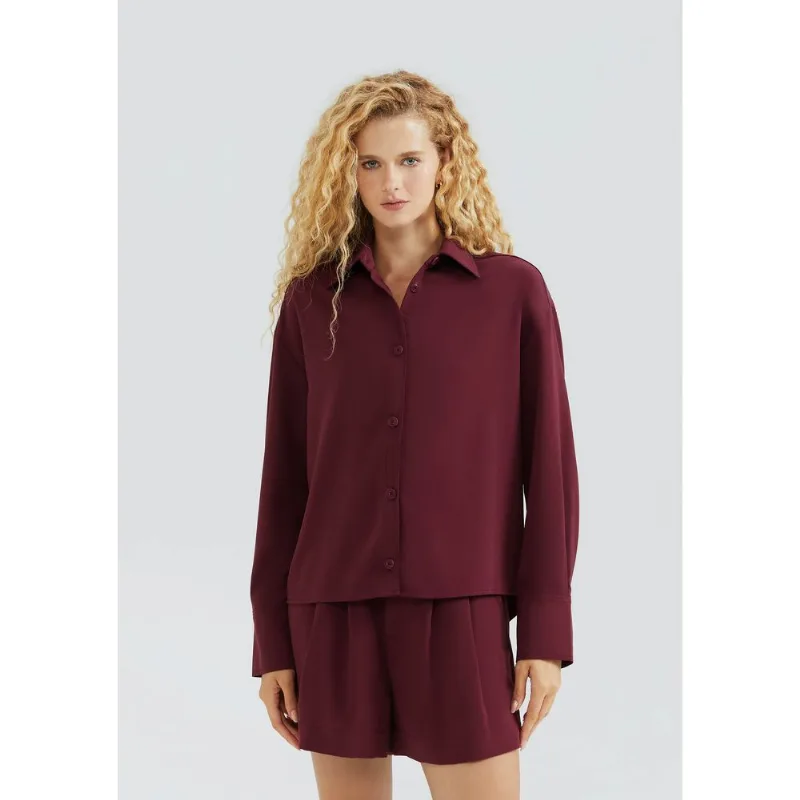 Camisa Feminina Manga Longa Em Crepe - Vinho P