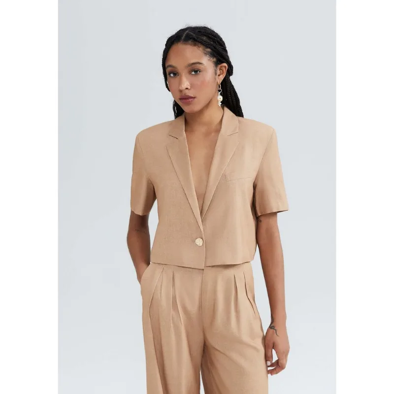 Blazer Feminino Cropped Manga Curta Com Linho - Bege XG