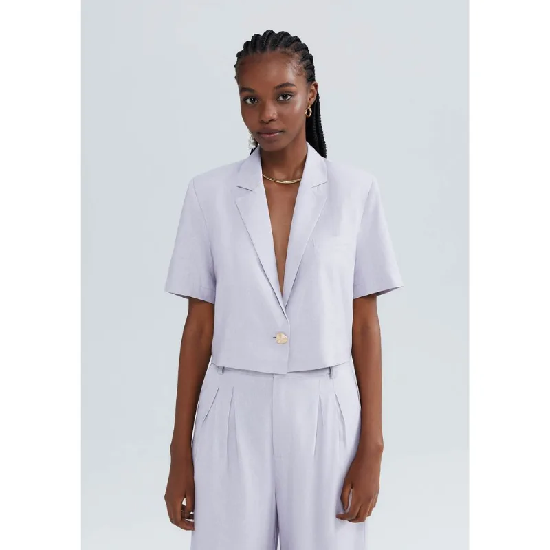 Blazer Feminino Cropped Manga Curta Com Linho - Lilás G