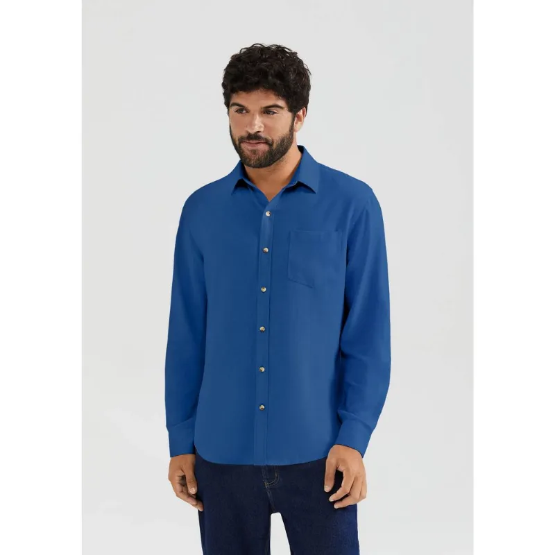 Camisa Básica Masculina Manga Longa Slim Em Linho - Azul M