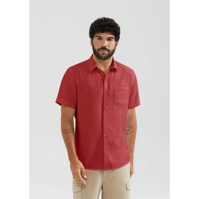 Camisa Básica Masculina Manga Curta Slim Em Linho - Vermelho M