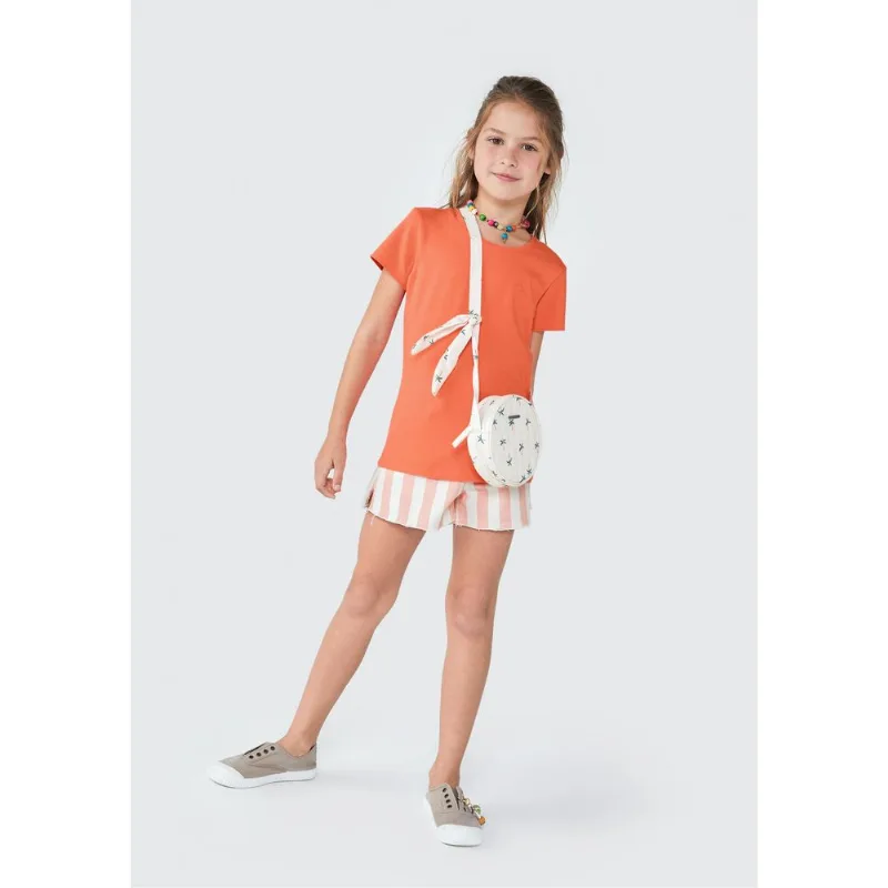Blusa Básica Infantil Menina Manga Curta Slim Com Bordado Coração - Laranja 014