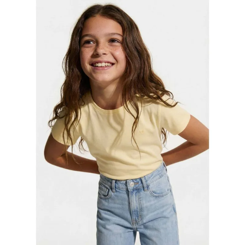 Blusa Básica Infantil Menina Manga Curta Slim Com Bordado Coração - Amarelo 012