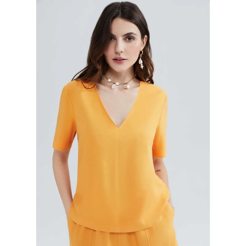 Blusa Feminina Decote V Em Viscolinhos - Laranja G