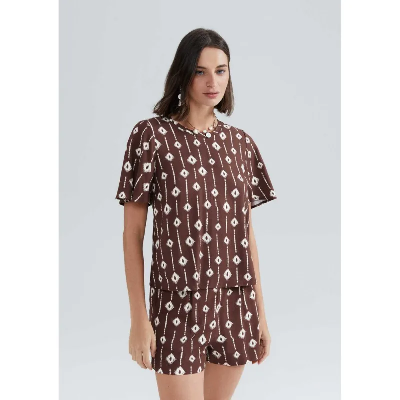 Blusa Feminina Estampada Manga Evasê Em Viscose Creponada - Marrom G
