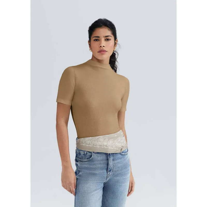 Blusa Básica Feminina Gola Alta Em Ribana Canelada - Caqui XXG