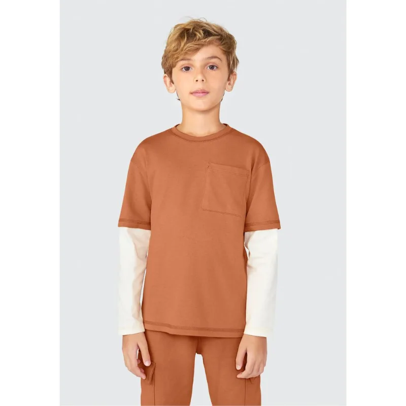 Camiseta Infantil Menino Manga Longa Oversized - Marrom 012