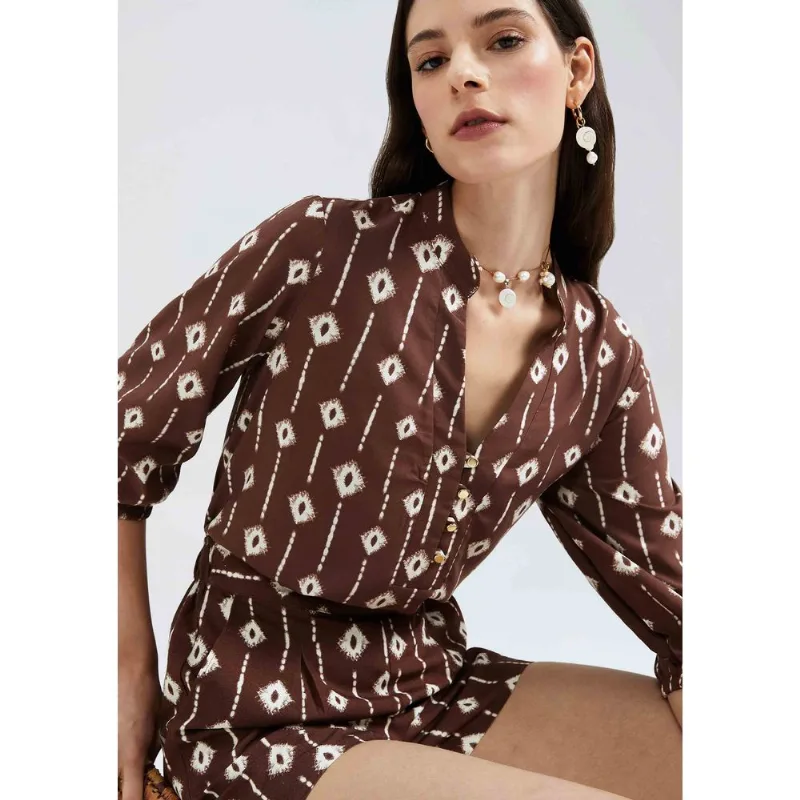 Blusa Feminina Estampada Decote V Manga Bufante - Marrom XG
