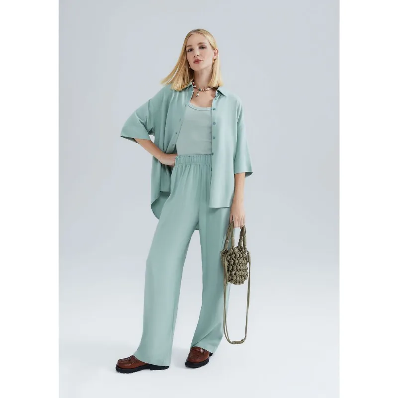 Calça Feminina Reta Cintura Alta Com Linho - Verde XG
