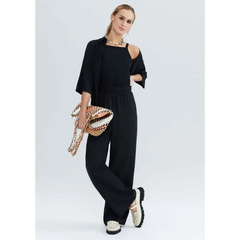 Calça Feminina Reta Cintura Alta Com Linho - Preto M