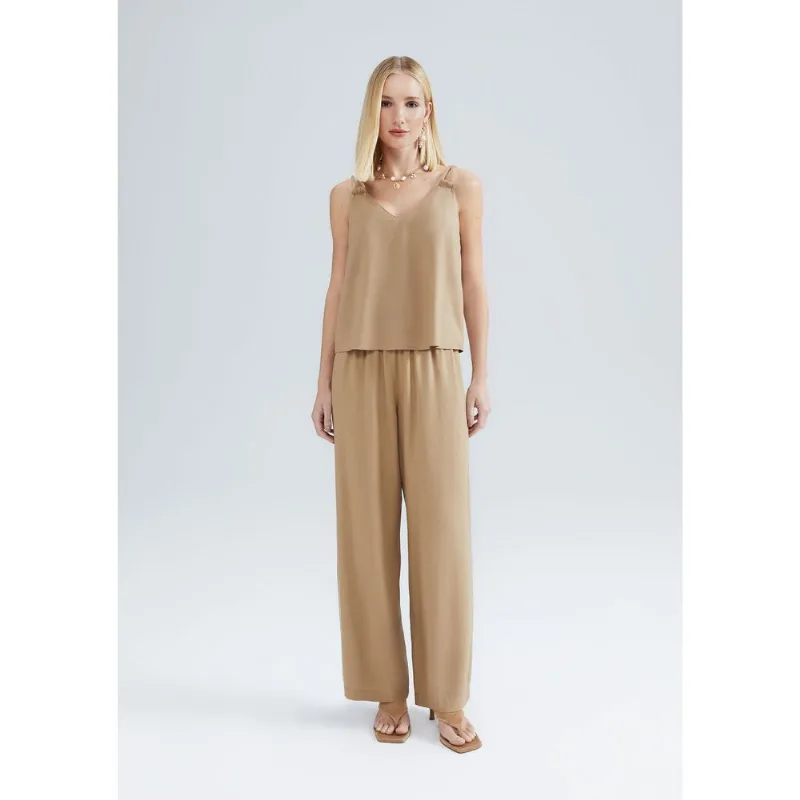Calça Feminina Reta Cintura Alta Com Linho - Caqui XG