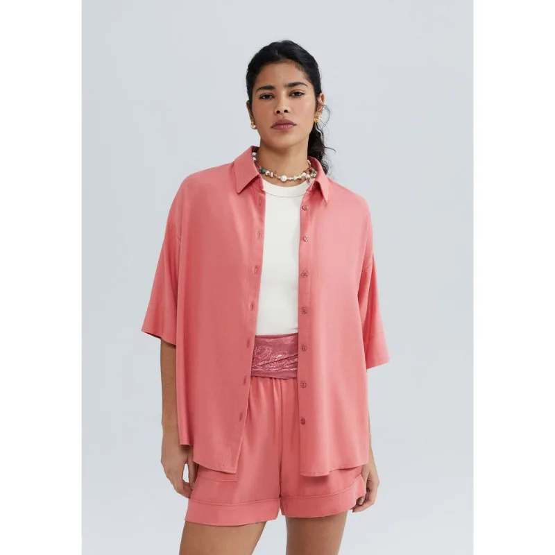 Camisa Feminina Manga Curta Em Linho - Rosa XP
