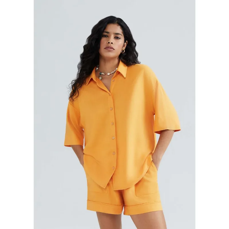Camisa Feminina Manga Curta Em Linho - Laranja XG