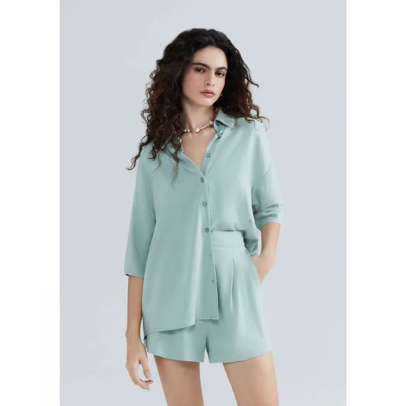 Camisa Feminina Manga Curta Em Linho - Verde XG