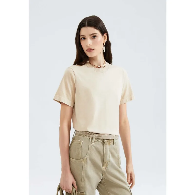 Blusa Feminina Manga Curta Em Malha Binada - Bege P