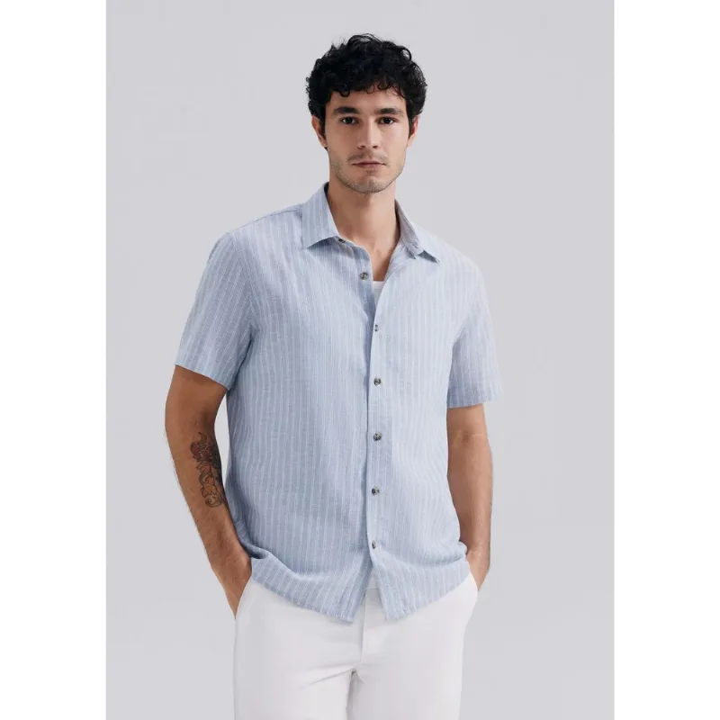 Camisa Masculina Manga Curta Fio Tinto Listrada Em Linho - Azul XG