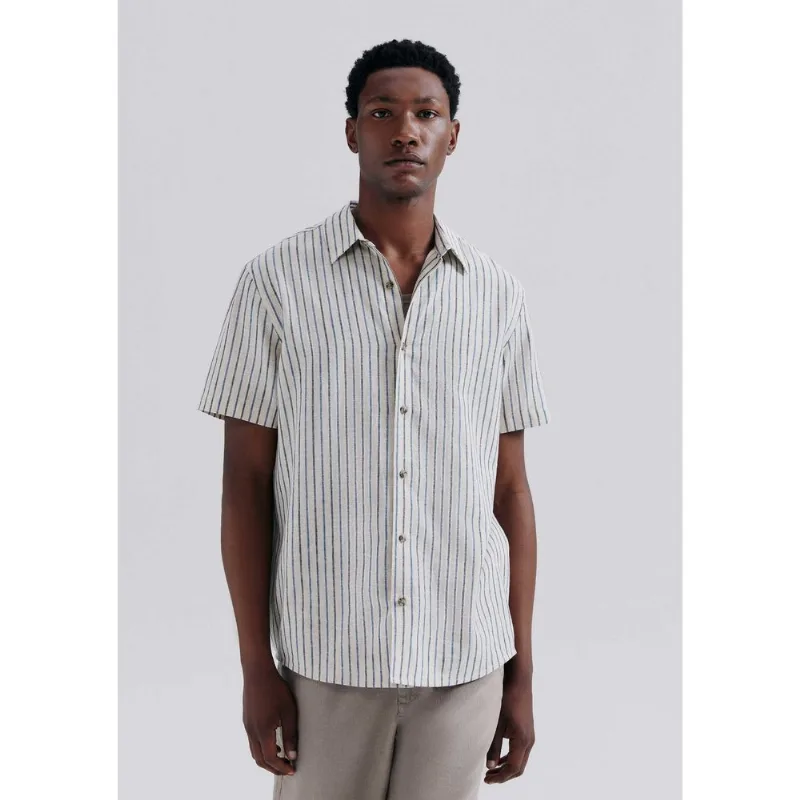 Camisa Masculina Manga Curta Fio Tinto Listrada Em Linho - Off white XXG