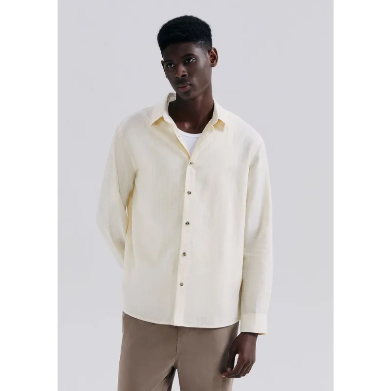 Camisa Masculina Manga Longa Listrada Em Linho - Amarelo XXG