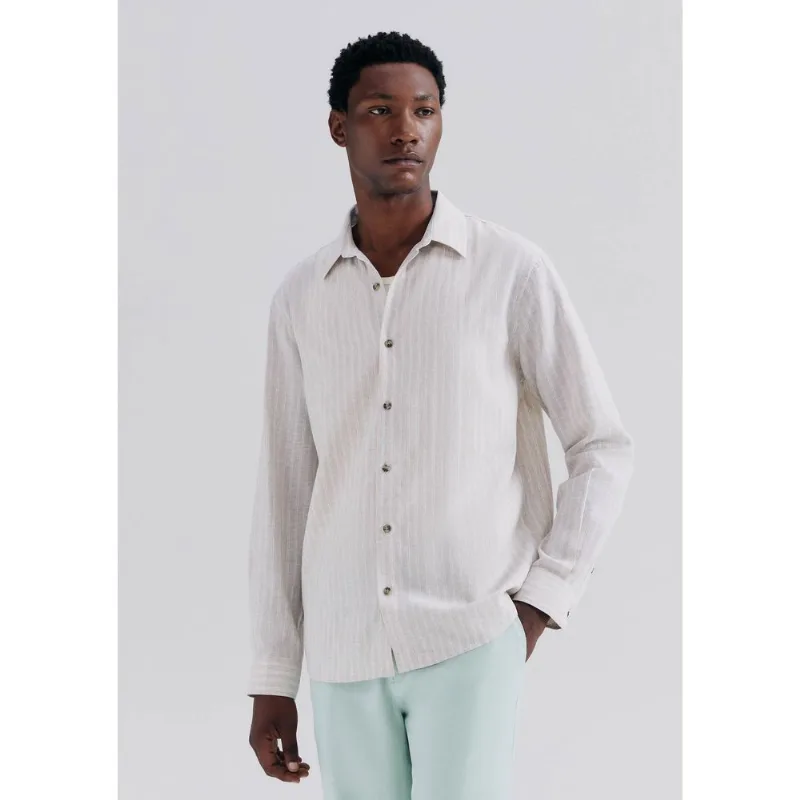 Camisa Masculina Manga Longa Listrada Em Linho - Bege P