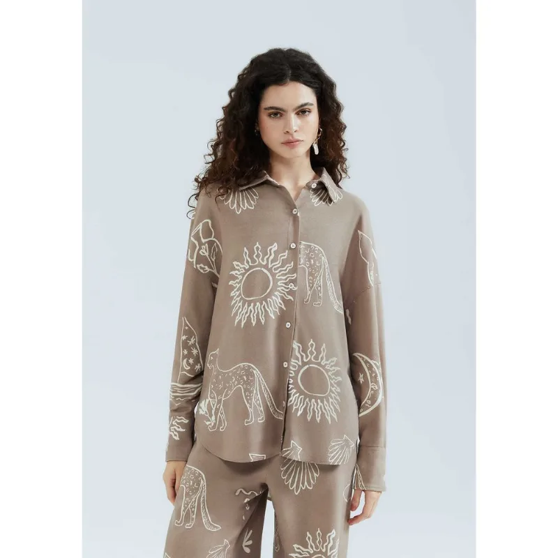 Camisa Feminina Manga Longa Estampada - Marrom XP