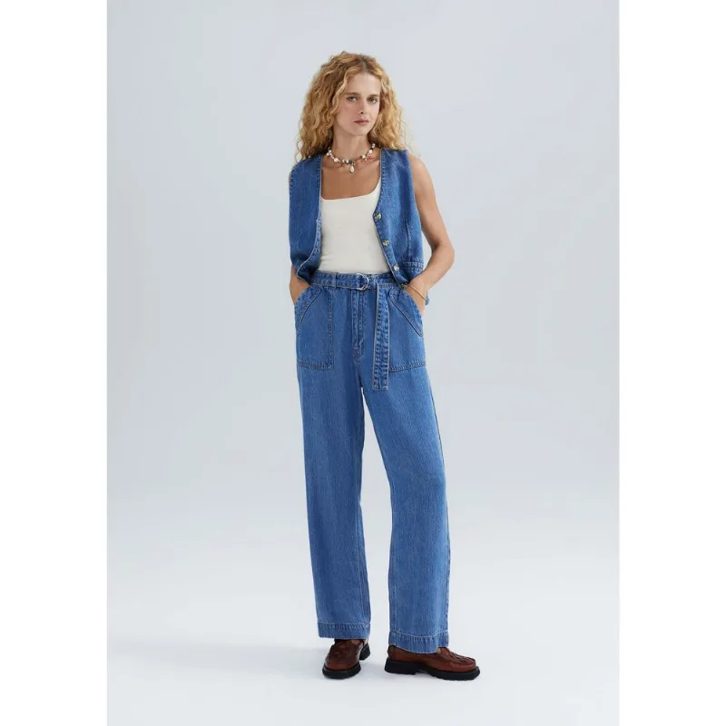 Calça Jeans Feminina Reta Cintura Média Com Cinto - Azul 034