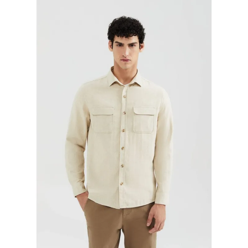 Camisa Masculina Manga Longa Com Linho - Bege M