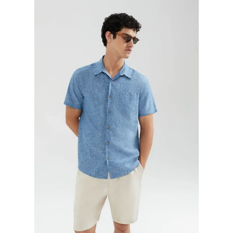 Camisa Masculina Manga Curta Fio Tinto Em Linho - Azul G