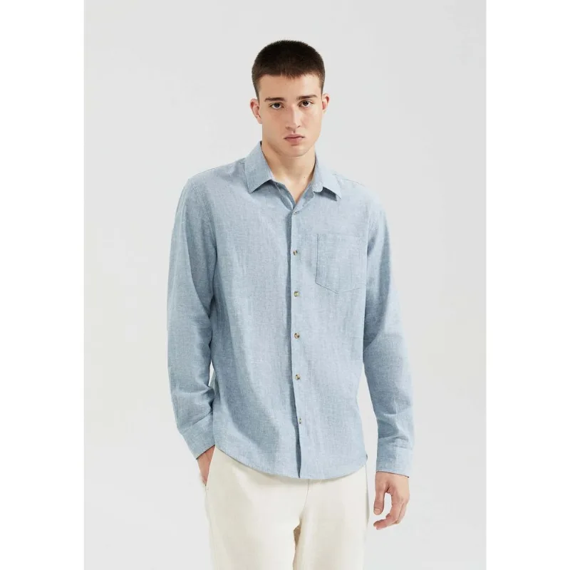 Camisa Masculina Manga Longa Fio Tinto Em Linho - Azul XG