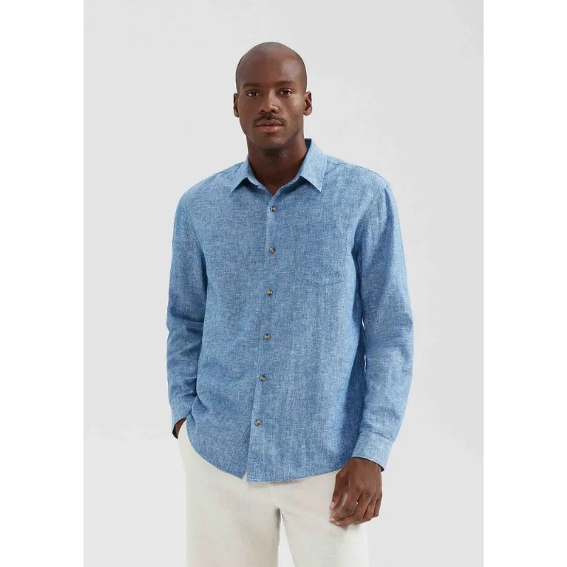 Camisa Masculina Manga Longa Fio Tinto Em Linho - Azul P