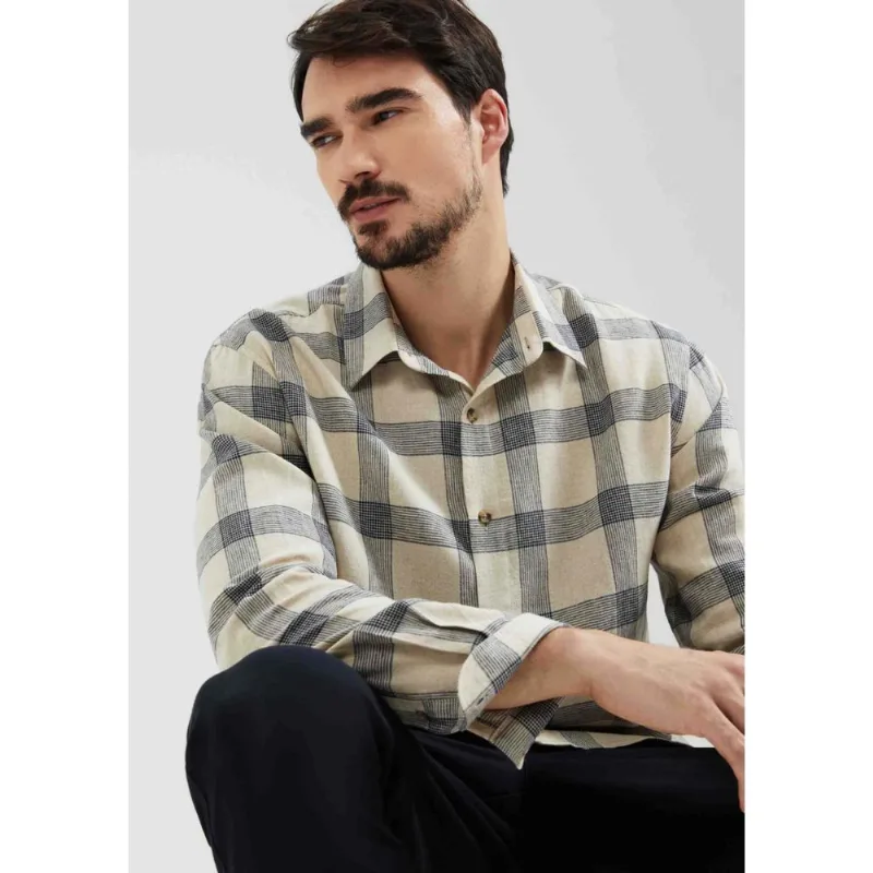 Camisa Masculina Manga Longa Xadrez Em Linho - Cinza XXG
