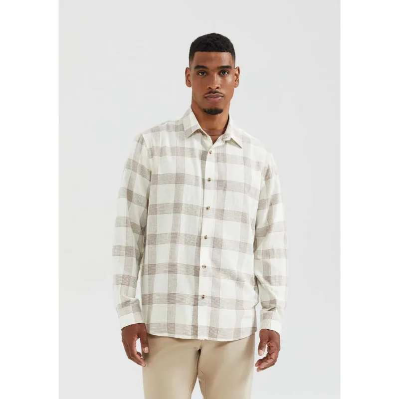 Camisa Masculina Manga Longa Xadrez Em Linho - Bege XG