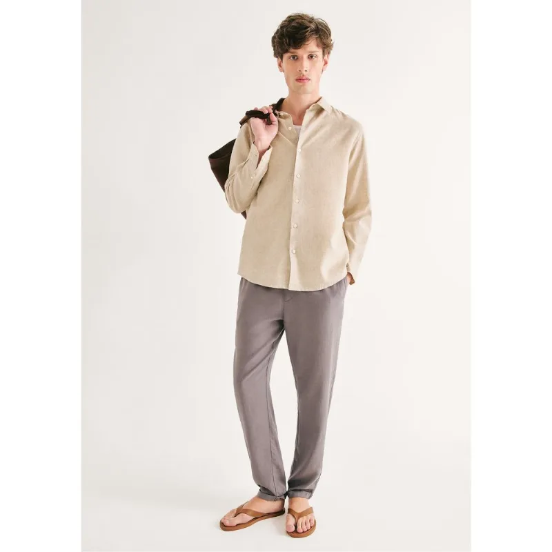 Calça Básica Masculina Taper Em Linho - Cinza XG