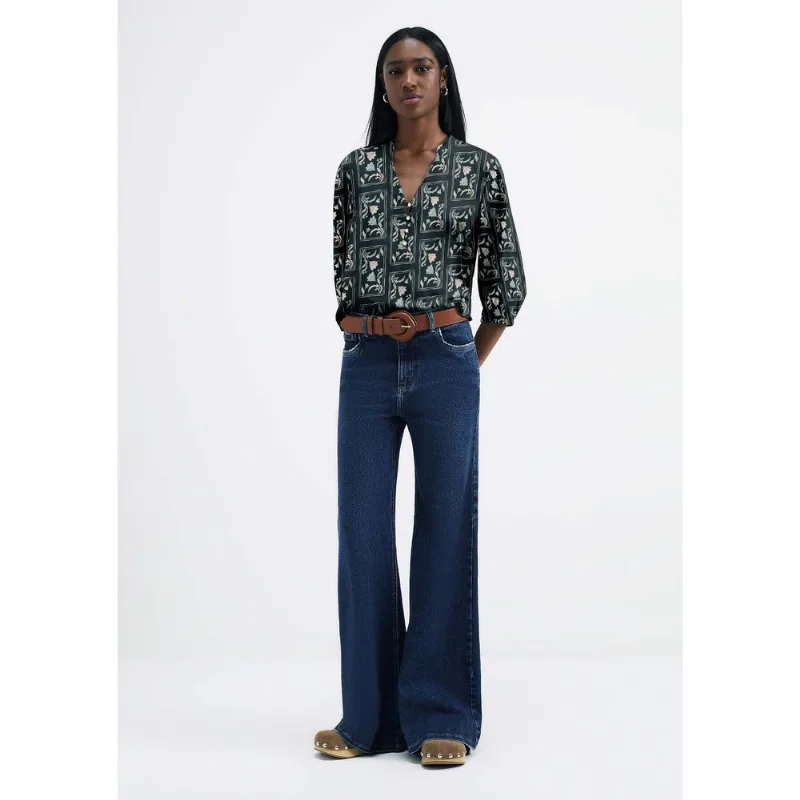 Blusa Feminina Estampada Decote V Manga Bufante - Verde M