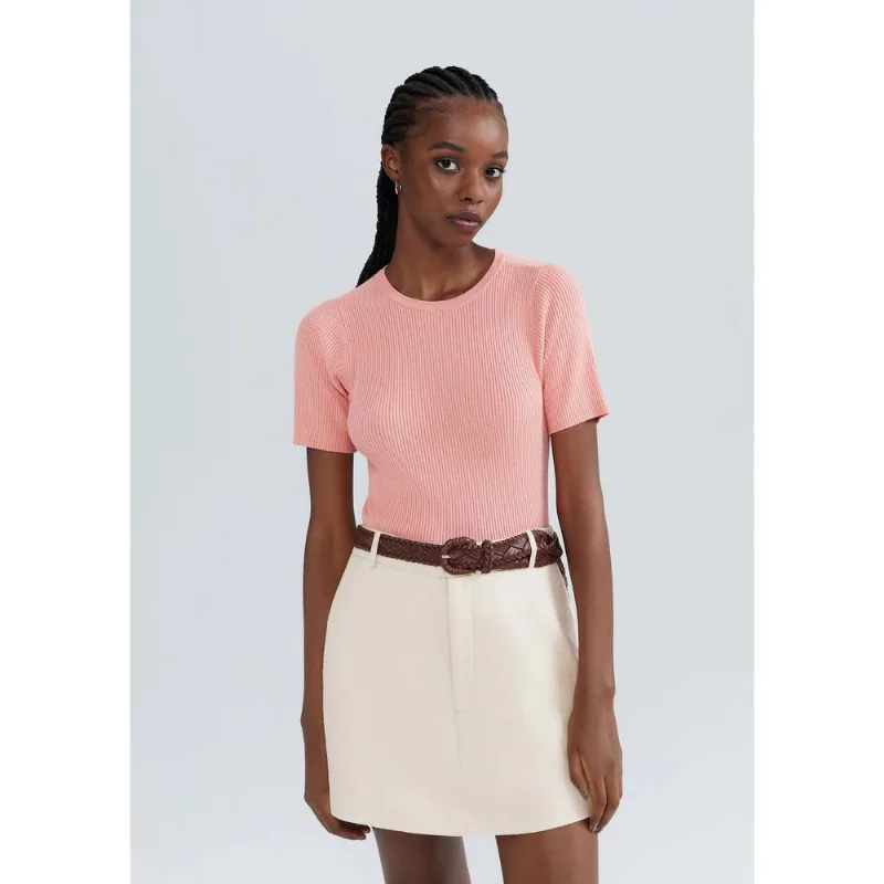 Blusa Feminina Manga Curta Canelada Em Tricô - Rosa P