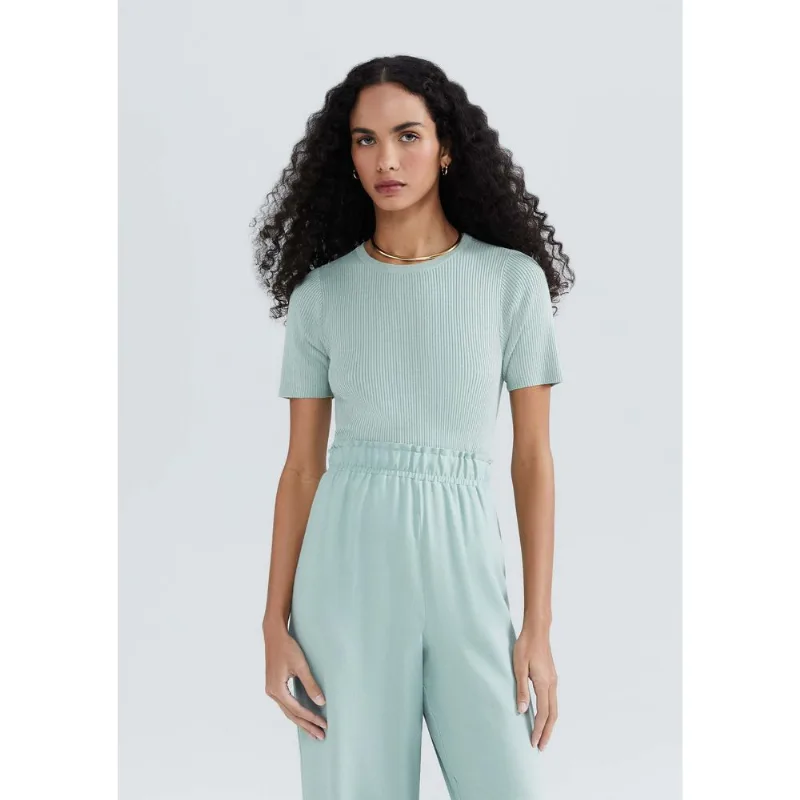 Blusa Feminina Manga Curta Canelada Em Tricô - Verde G