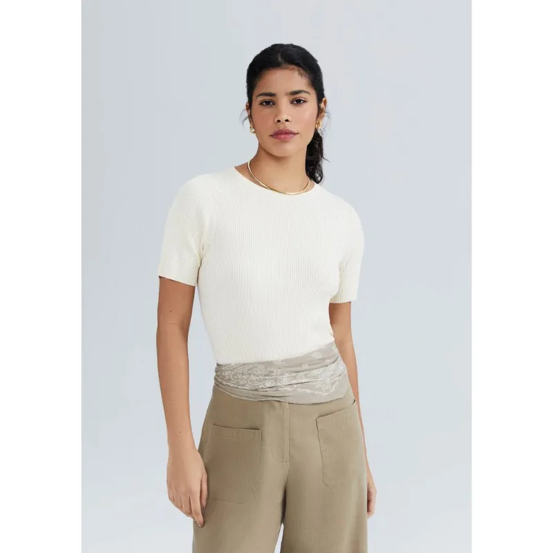 Blusa Feminina Manga Curta Canelada Em Tricô - Creme G