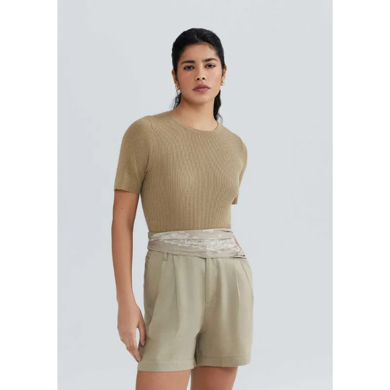Blusa Feminina Manga Curta Canelada Em Tricô - Caqui P