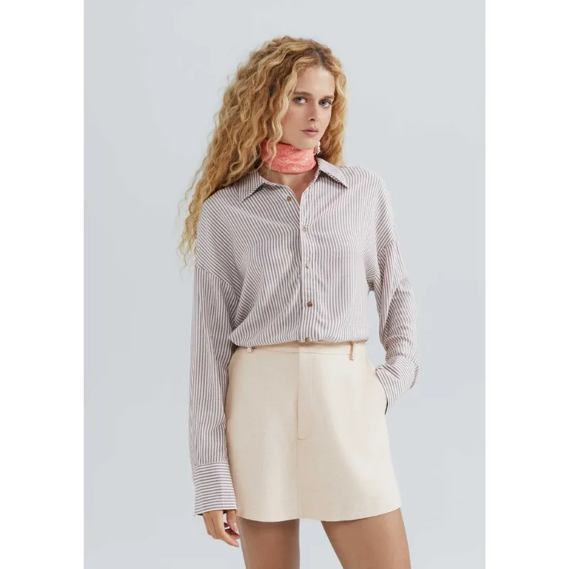 Camisa Feminina Manga Longa Listrada - Marrom M