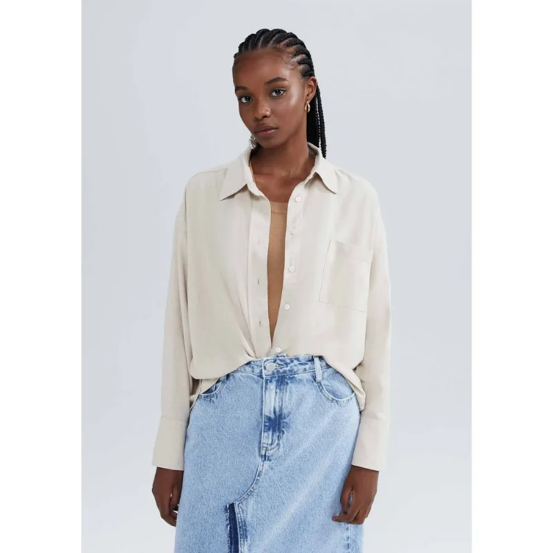 Camisa Feminina Manga Longa Em Viscolinho - Bege M