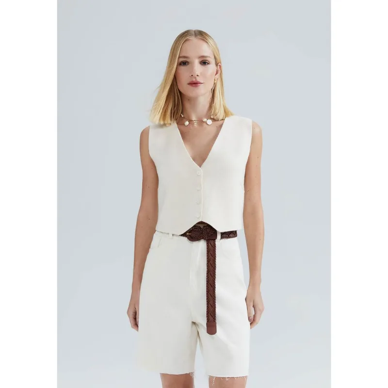 Colete Cropped Feminino Em Tricô Leve - Creme M